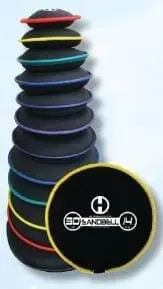 Stack of sandbells with one in the foreground.