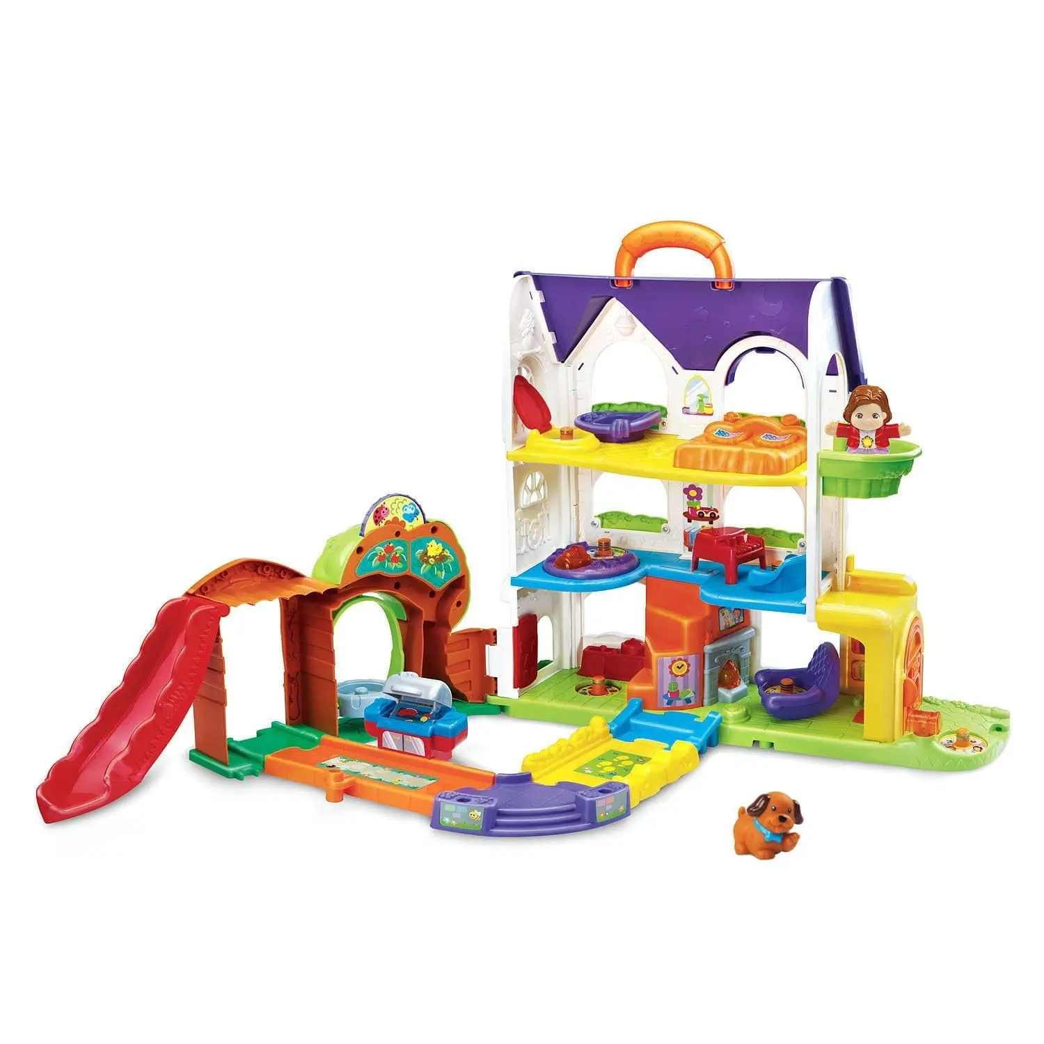Vtech Go! Go! Smart Friends Busy Sounds Discovery Home playset with slide and figures.