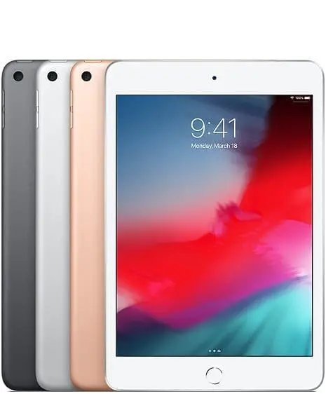 iPad mini 5 tablets in gray, white, rose gold, and gold.