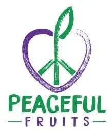 Peaceful Fruits logo with apple, peace sign, and text.