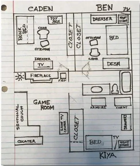 Blueprint for a house layout with rooms labeled Caden, Ben, and Kiya.