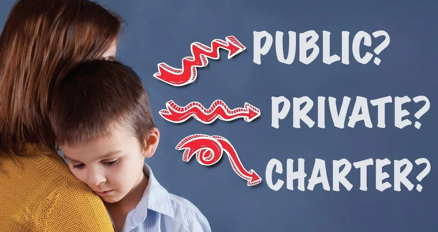 Public, private, and charter school options with arrows pointing to each word.