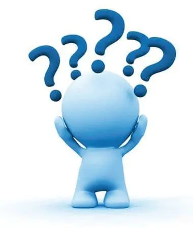 Small blue figure with question marks above its head.