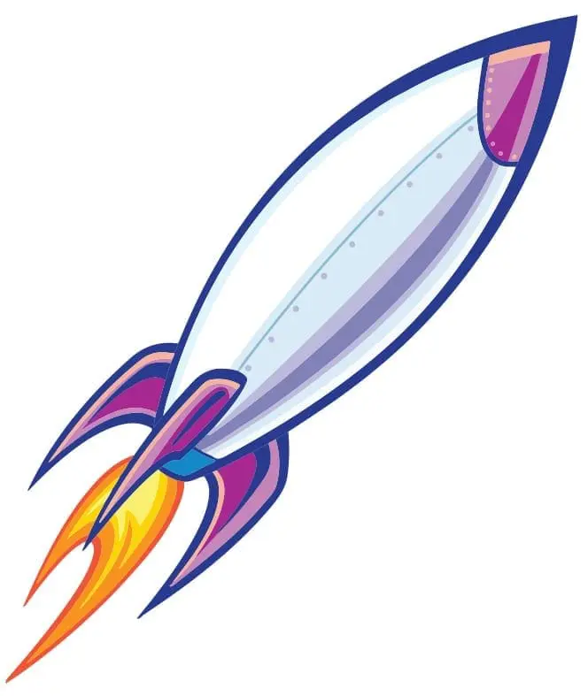 White and purple rocket with flames shooting from the bottom.