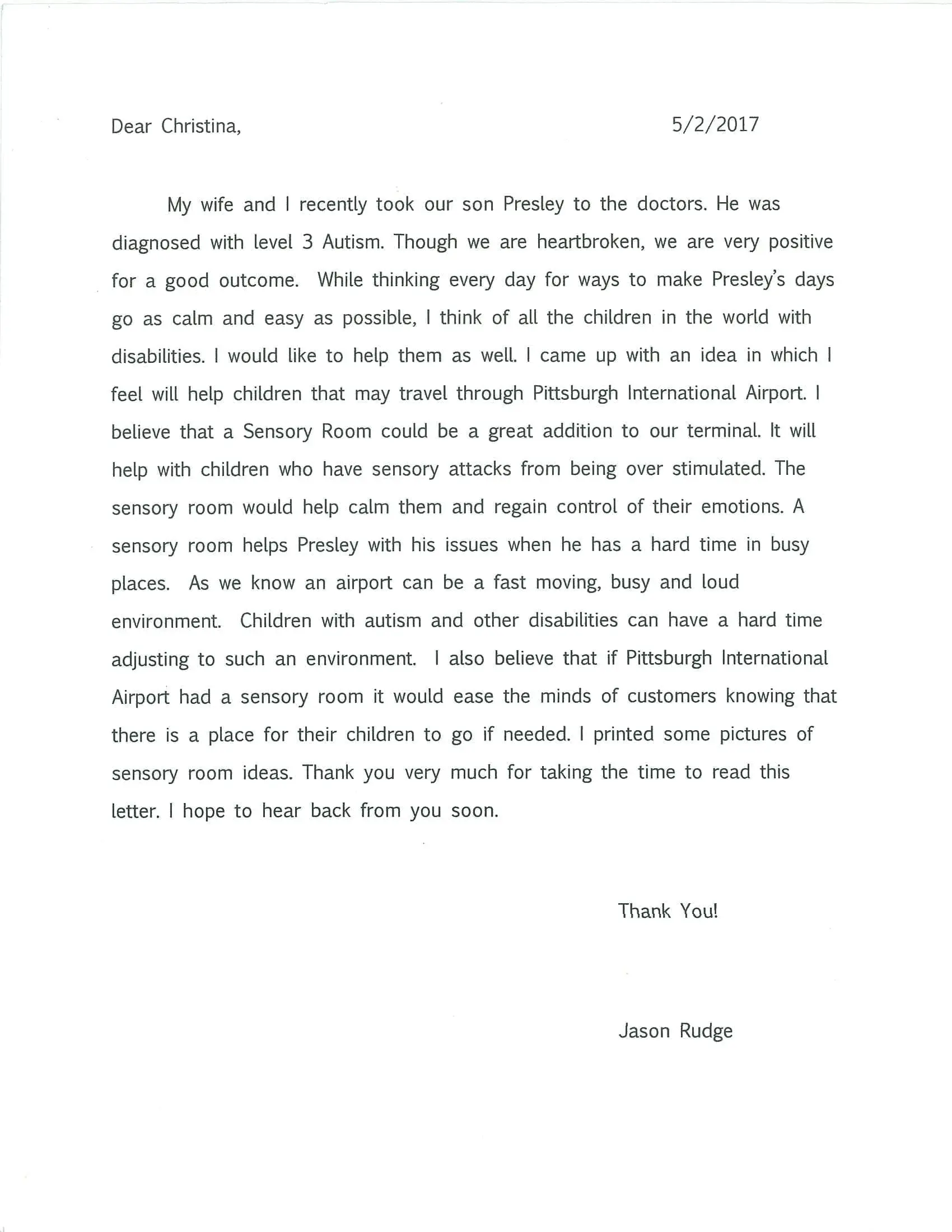 Letter from Jason Rudge to Christine expressing gratitude for a sensory room.