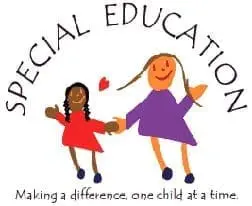Two stick figures, one taller than the other, hold hands and smile under the words "SPECIAL EDUCATION".