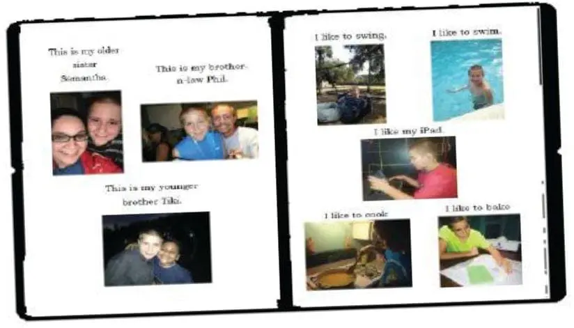 Pages of a communication notebook with family photos and captions.