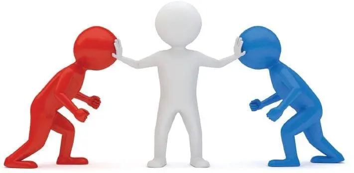 Three stick figures: a white figure in the center separates a red figure on the left from a blue figure on the right.