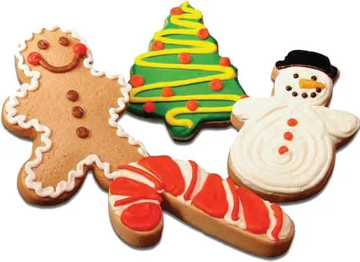 Four holiday-themed cookies: gingerbread man, Christmas tree, snowman, and candy cane.