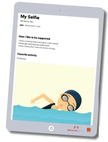 Tablet displaying a "My Selfie" page with a person swimming in water.