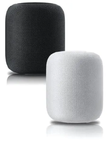 Two Apple HomePods, one gray and one white, against a white background.