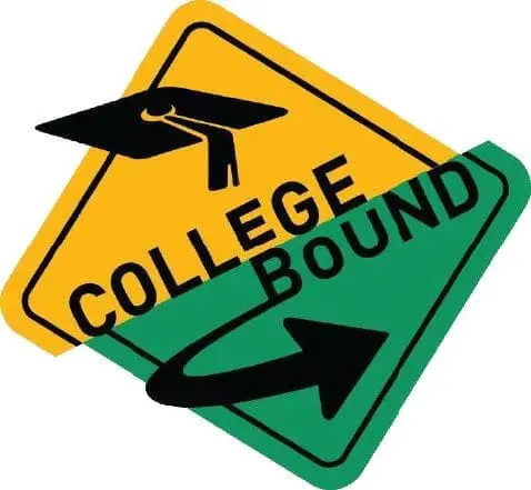 Yellow diamond sign with "COLLEGE BOUND" and a graduation cap, over a green diamond sign with a curved arrow.