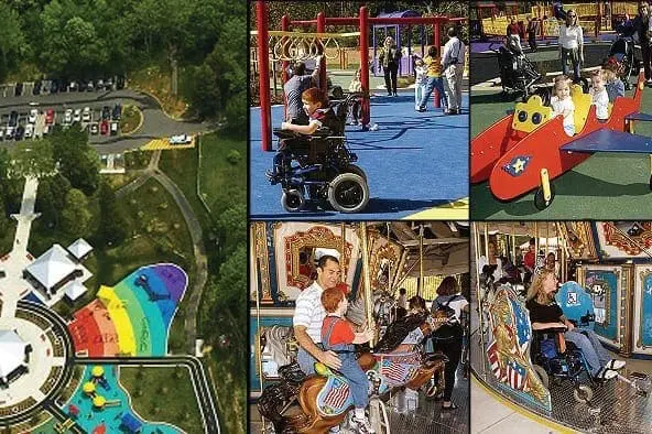 Collage of accessible playground, carousel, and amusement park attractions.