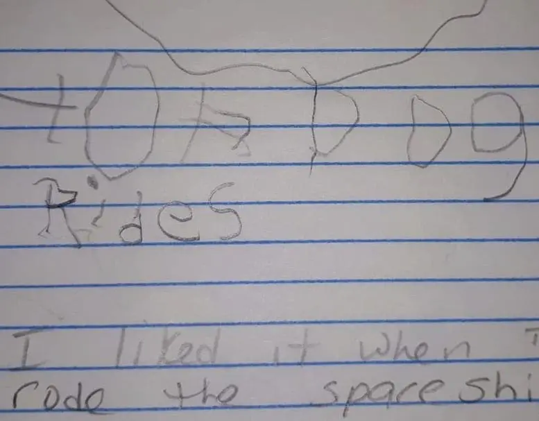 Hot Dog Rides" written in child-like handwriting.