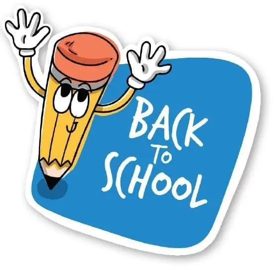 Cartoon pencil waves next to a blue sign with "Back to School" written on it.