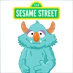 Sesame Street logo above a blue monster with orange horns.