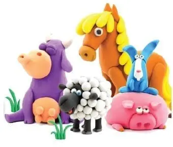 Clay animals including a cow, sheep, horse, pig, and rabbit.