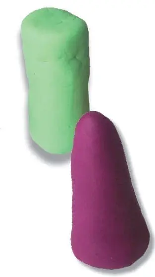 Two mounds of modeling clay, one green and cylinder-shaped, the other purple and cone-shaped.