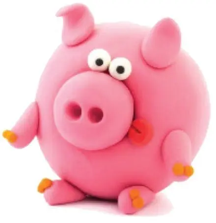 Clay pig with googly eyes and orange trotters.