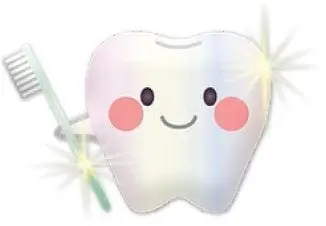 A cartoon tooth with a toothbrush and sparkling highlights.