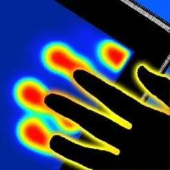 Heat pad with a hand and heat signatures in red, yellow, and blue.