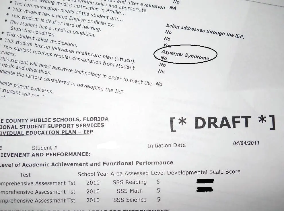 IEP document with "Asperger Syndrome" circled