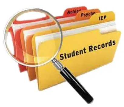 Magnifying glass over student records folders, including one labeled IEP.