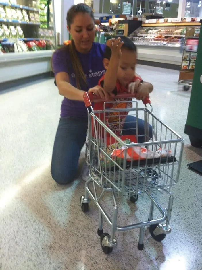 Woman in a purple shirt with a child in a shopping cart at a grocery store.