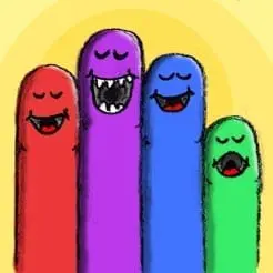 Four colorful cartoon fingers with faces against a yellow background