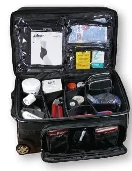 Open black rolling bag filled with medical supplies and compartments.