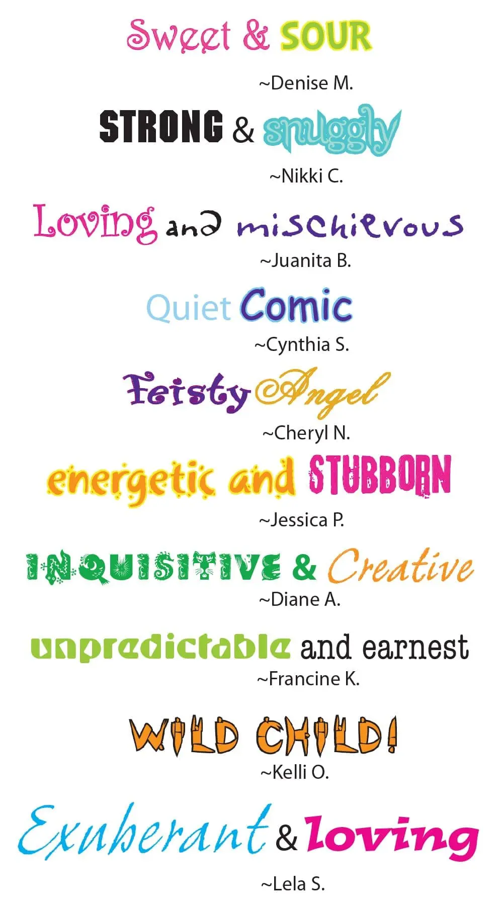Collection of two-word personality descriptions for children.