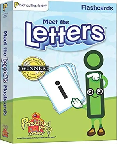 Meet the Letters Flashcards packaging with a cartoon letter "i" character.