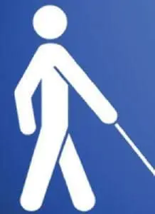 White icon of a person walking with a cane on a blue background