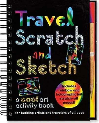 A spiral-bound activity book titled "Travel Scratch and Sketch" with colorful text and scratch-art examples.