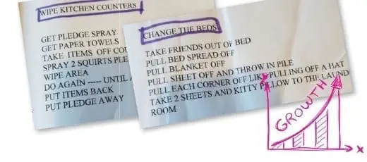 Two lists of instructions for cleaning tasks and a growth chart graphic.