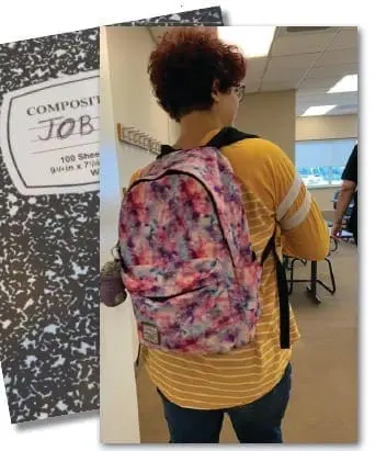 Elizabeth wearing a colorful backpack and a yellow shirt.
