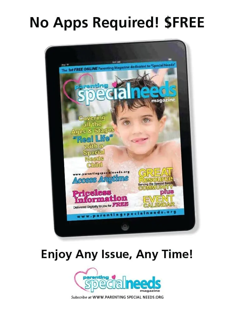Tablet displaying a digital magazine cover titled "Parenting Special Needs