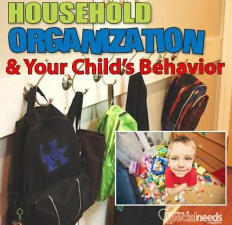 Cover for "Household Organization & Your Child's Behavior" with backpacks and a child.