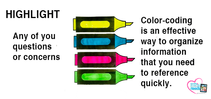 Four highlighters with text about color-coding IEPs