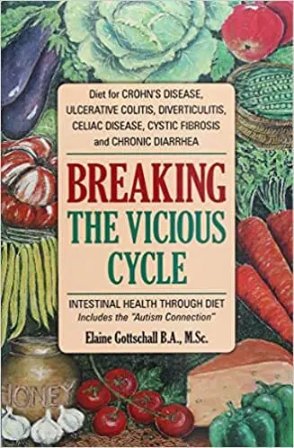 Book cover for "Breaking The Vicious Cycle" by Elaine Gottschall, featuring vegetables and a jar of honey.