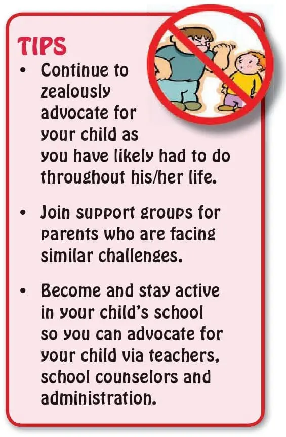 Tips for parents on how to advocate for their children and address bullying, with a graphic showing a prohibition sign over two children.