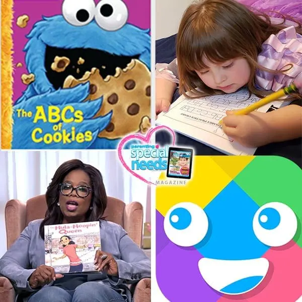 Collage featuring Cookie Monster book cover, child writing, Oprah Winfrey holding a book, and Otsimo app icon.