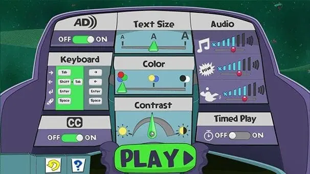 Accessibility controls for Cyberchase Railway Hero game, including options for AD, text size, audio, keyboard, color, contrast, CC, and timed play.