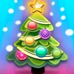 A stylized Christmas tree with colorful ornaments and a star on top.