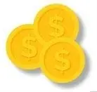 Three gold coins with dollar signs.