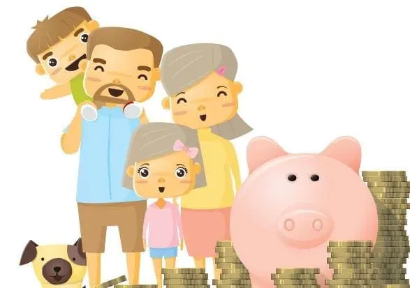 A cartoon family, a dog, and a piggy bank with stacks of coins.