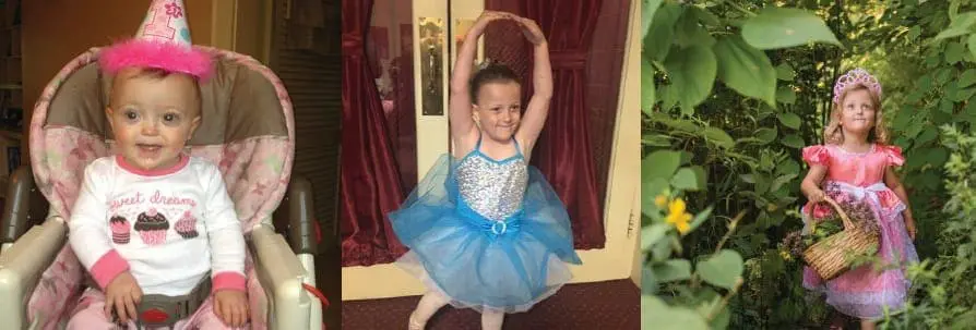 Joy Degl in three outfits: a birthday party outfit, a ballet costume, and a princess dress.