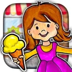 Cartoon girl holding an ice cream cone in front of a store