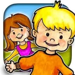 Cartoon children, a boy and a girl, smiling.