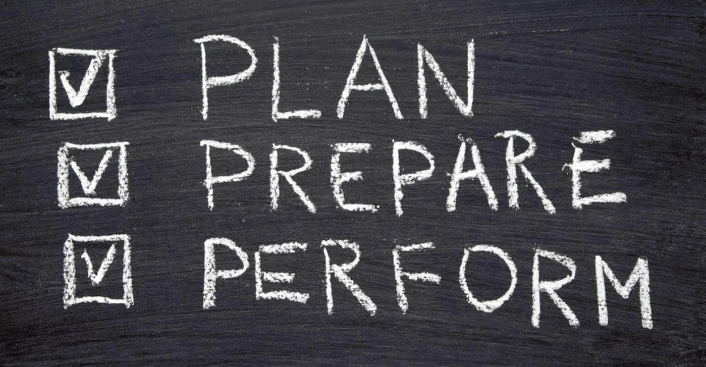 Three checkboxes are marked next to the words Plan, Prepare, and Perform written in chalk on a blackboard.